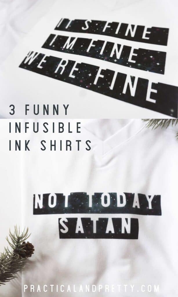 Three funny Cricut infusible ink shirt designs! You can also use lots of unconventional things with infusible ink. And some important infusible ink tips.