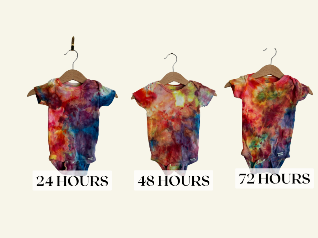 Visual results of tie dye batching time test: 24 hours vs 72 hours
