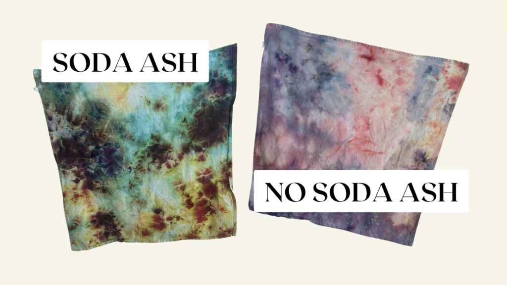 Tie dye fabric comparison: with soda ash vs no soda ash showing brighter colors on left