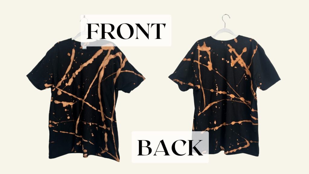Side-by-side image of front and back of a black t-shirt reverse tie dyed with toilet bowl cleaner, featuring bold orange splatter designs and labeled ‘Front’ and ‘Back’