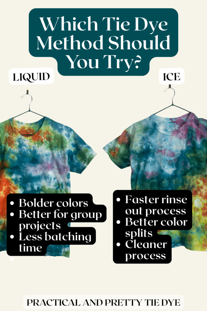 Not sure whether to try ice tie dye or liquid tie dye? 🤔 This guide breaks down the pros and cons of each method so you can pick the one that’s best for your next project. From color splits to batching time, here’s what you need to know.