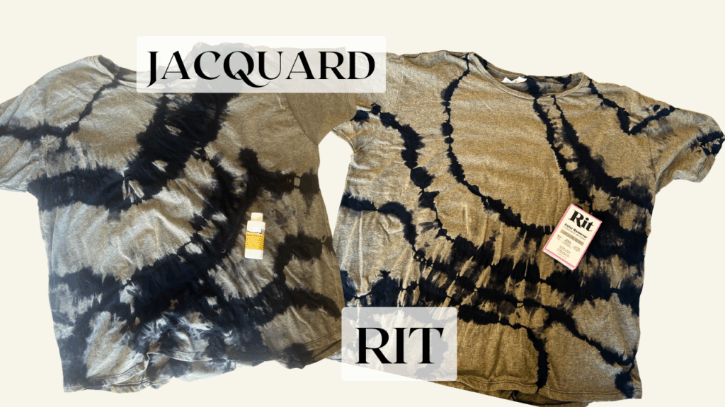 Side by side comparison of Jacquard vs Rit color remover on geode tie dye shirts showing nearly identical results