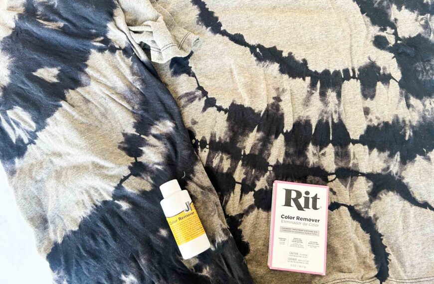 Side by side comparison of Rit Color Remover and Jacquard Color Remover on geode tie dye shirts