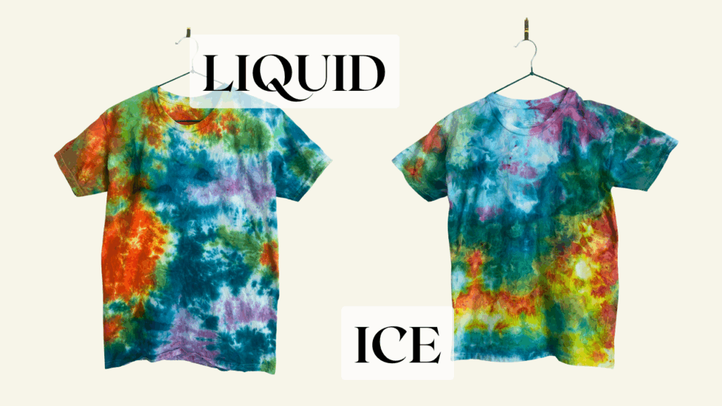 Side-by-side comparison of tie dye results using liquid dye (left) and ice dye (right) on scrunched t-shirts, showing different color splits and variations.