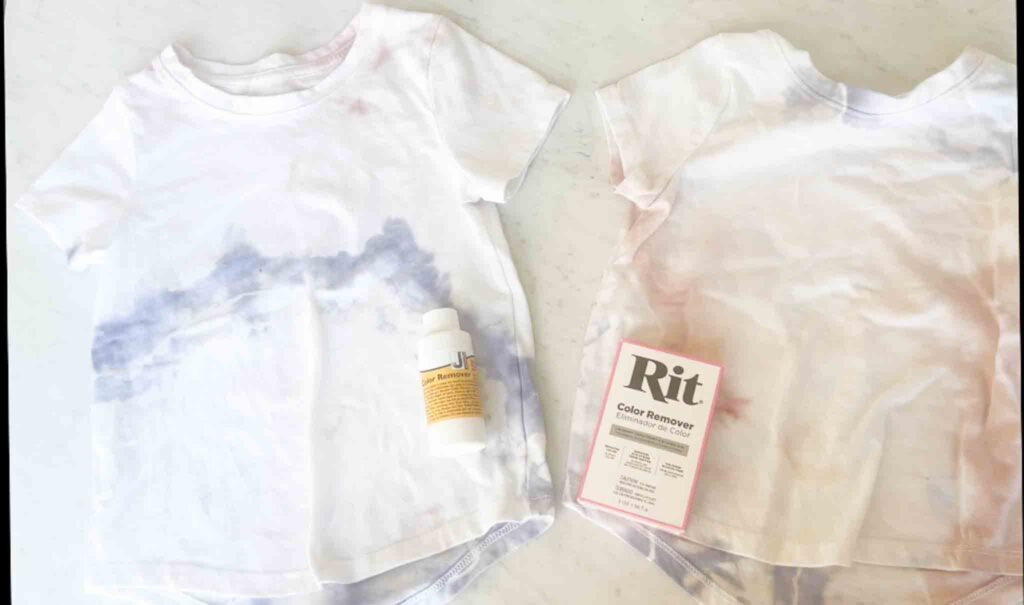 Final results of Rit vs Jacquard color remover test showing faded red and blue tie dye shirts