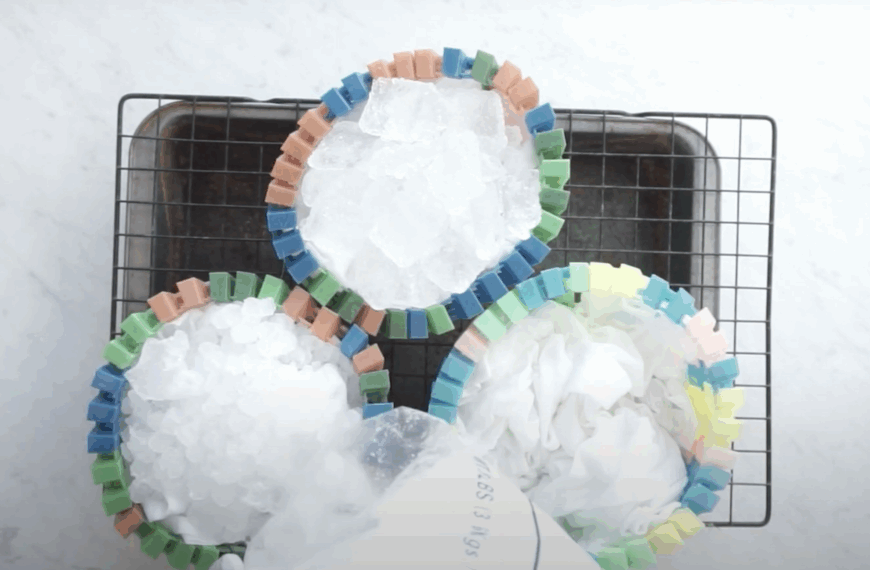 Side-by-side comparison setup with crushed ice, cubed ice, and pebble ice over white fabric for ice dye experiment