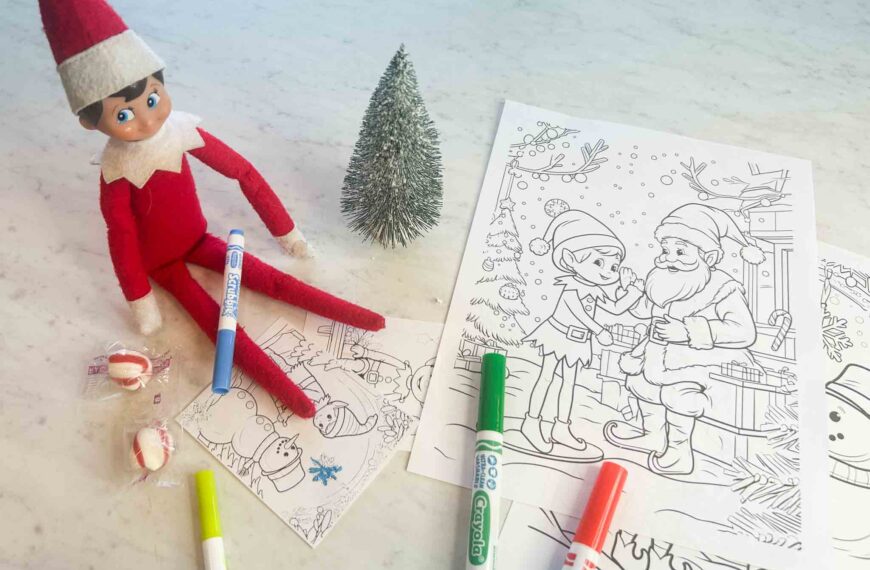 Elf on the Shelf holding marker with mini Christmas coloring page activity
