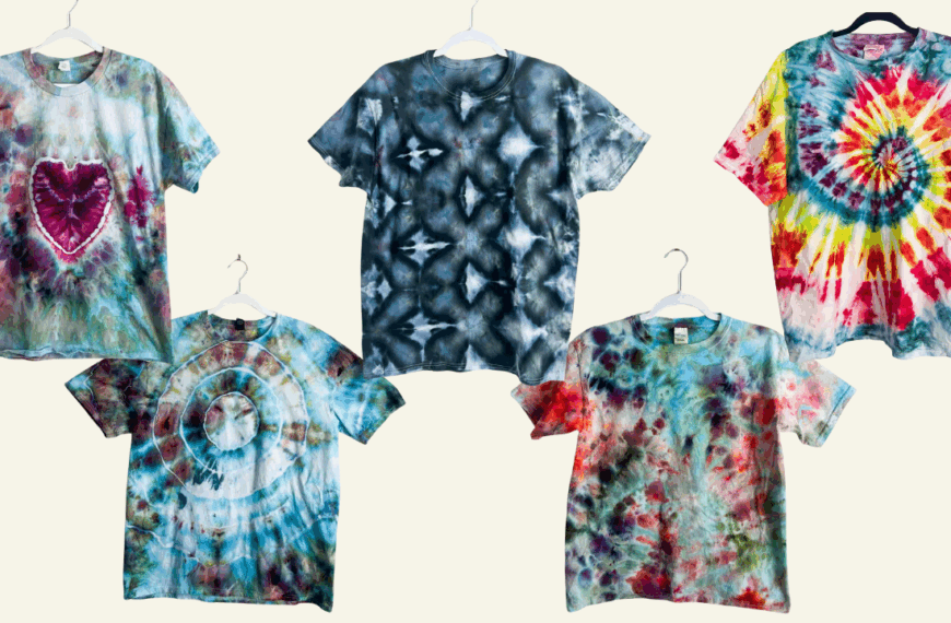 Five tie dye shirts showing the most popular folds — spiral, heart, shibori, bullseye, and crumple — displayed together for comparison.