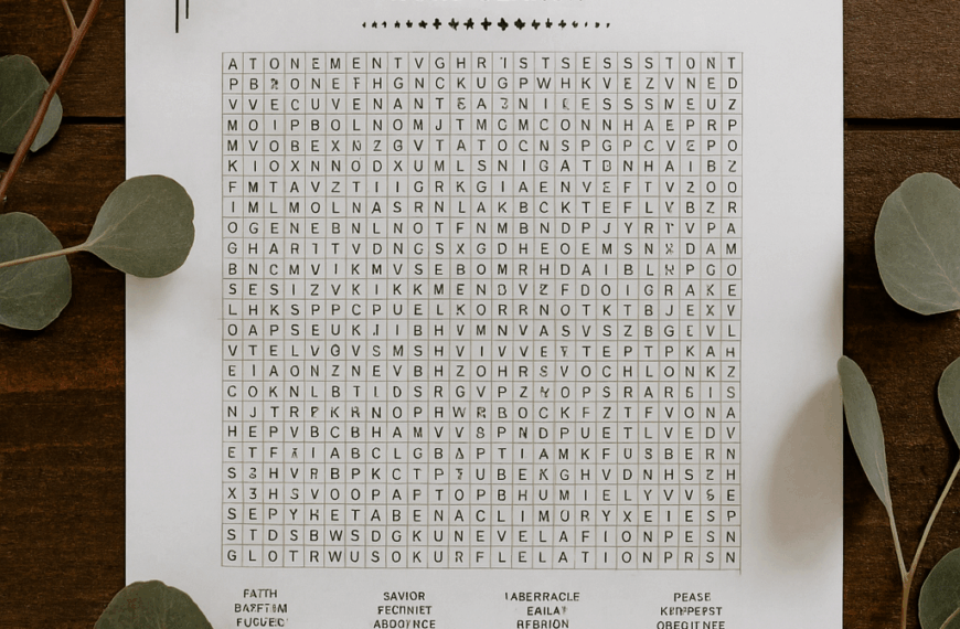 General Conference printable word search free LDS activity on wood background with eucalyptus leaves