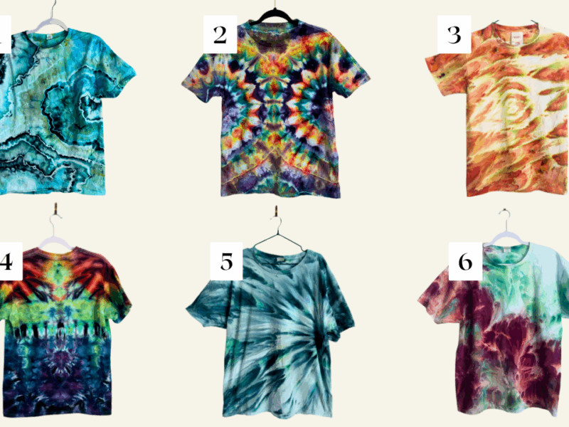 Six ice dye technique examples including geode, double fan, roll, double scrunch, fan fold, and mirror scrunch tie dye shirts arranged in a grid