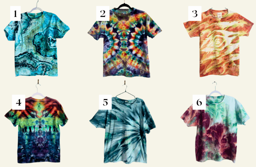 Six ice dye technique examples including geode, double fan, roll, double scrunch, fan fold, and mirror scrunch tie dye shirts arranged in a grid