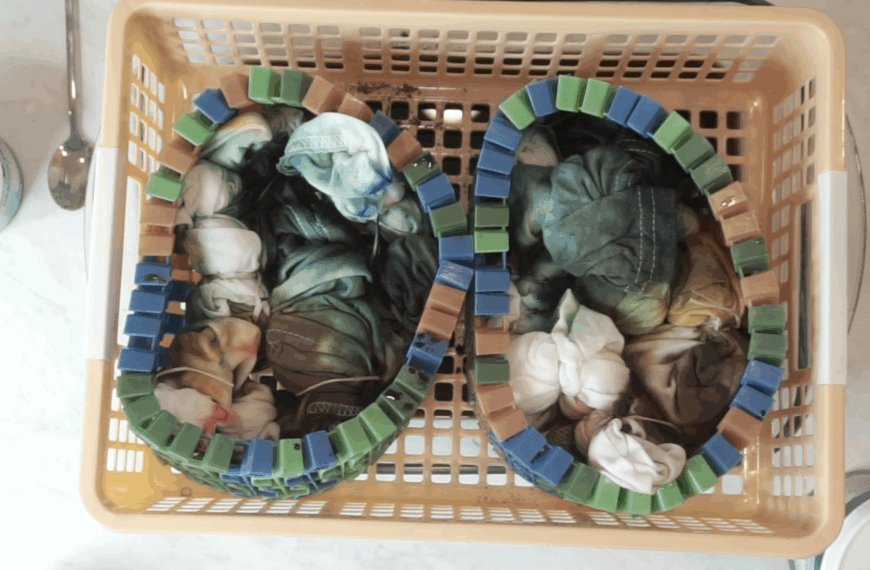 Side-by-side comparison of spin-dried and hand-wrung tie-dye shirts after batching with melted ice