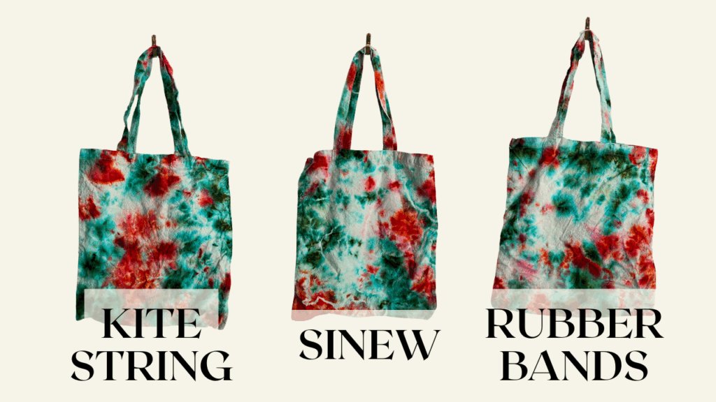 Side-by-side comparison of tote bags tie dyed using kite string, sinew, and rubber bands