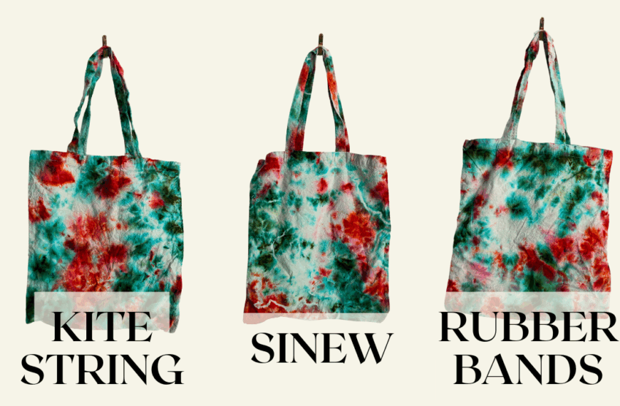 Side-by-side comparison of tote bags tie dyed using kite string, sinew, and rubber bands