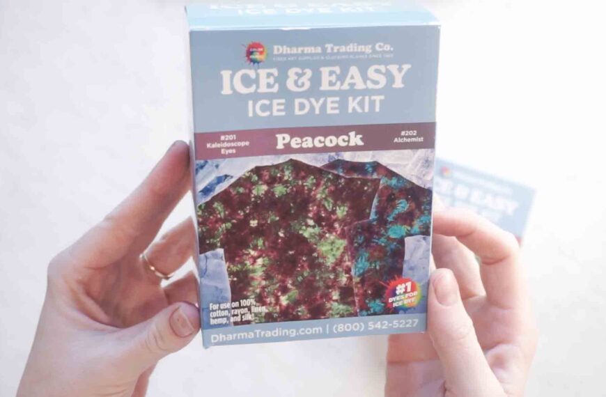 Front of the Dharma Ice & Easy ice dye kit box showing the Peacock colorway and example finished shirt
