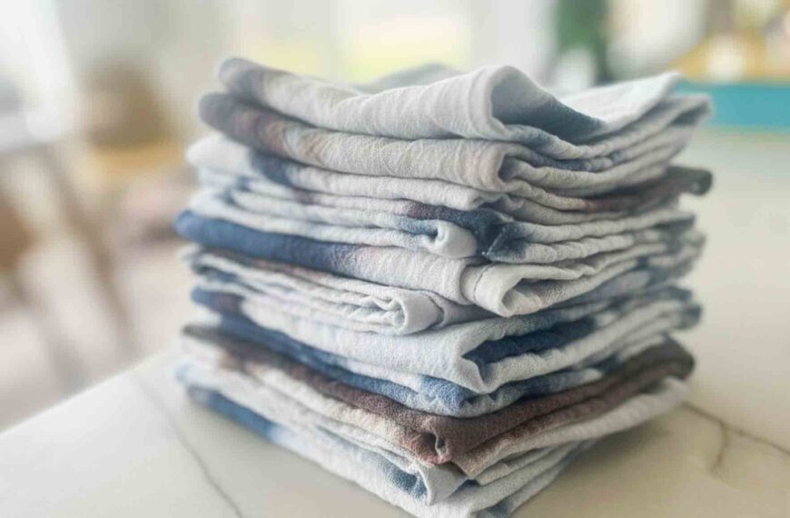 Stack of finished shibori ice dyed towels from a bulk tie dye batch, folded and ready to use