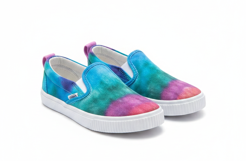 Finished canvas shoes dyed with Sharpies using rubbing alcohol for a tie dye effect