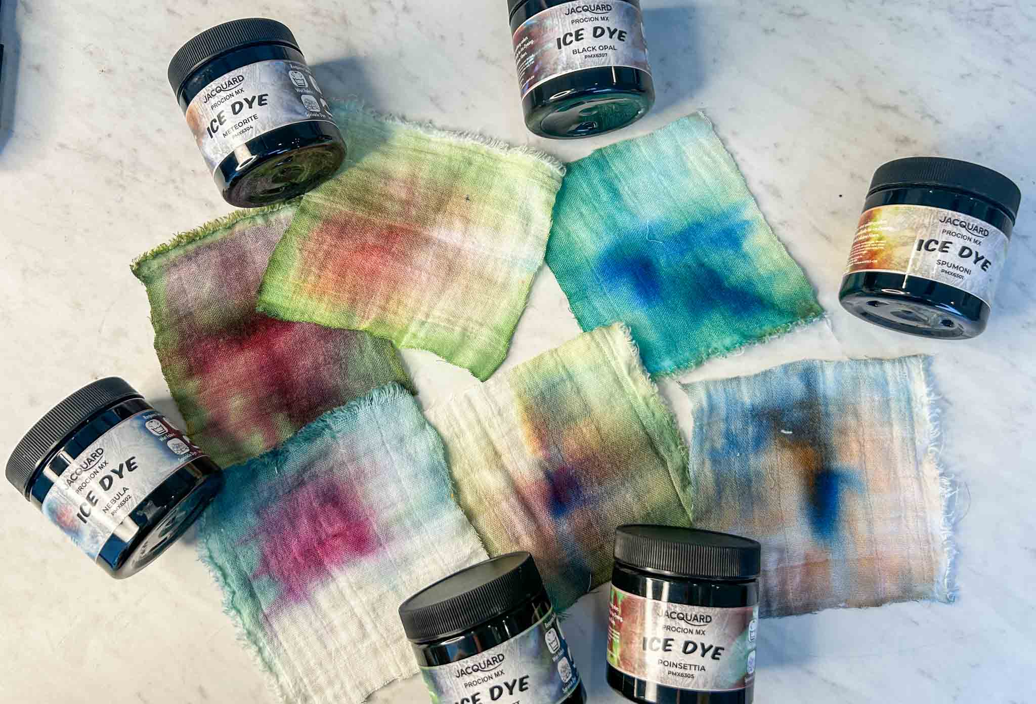 Jacquard ice dye swatches arranged with dye jars showing how each color applies over ice