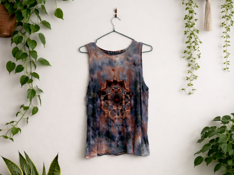 Ice dyed rayon shirt with a mandala design hanging on a wall with greenery
