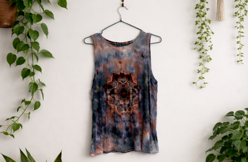 Ice dyed rayon shirt with a mandala design hanging on a wall with greenery