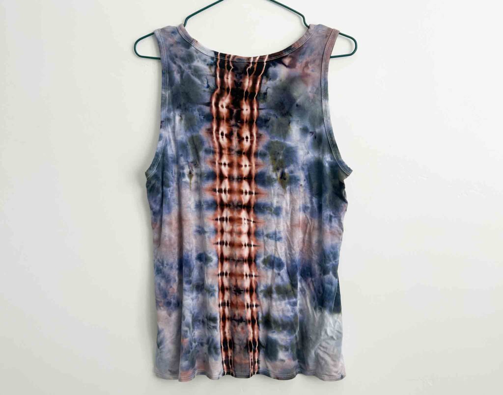 Back of ice dyed rayon shirt showing a vertical spine design