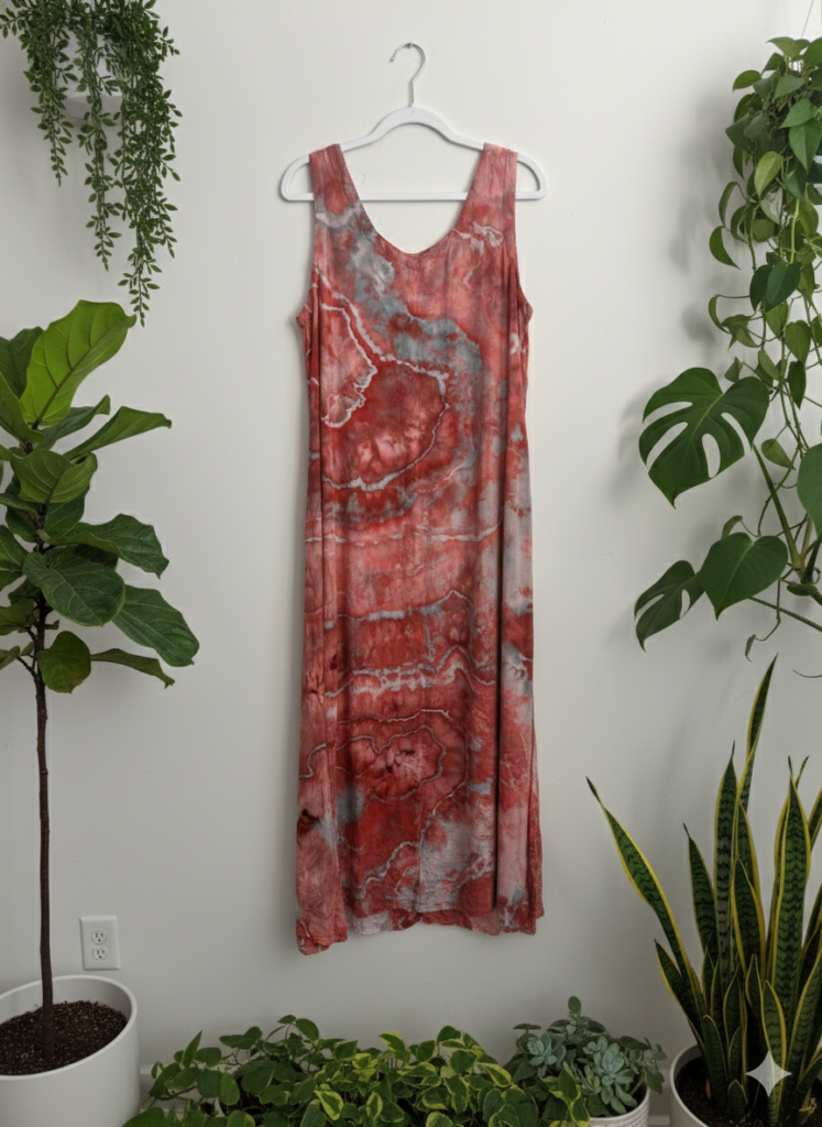 Ice dyed rayon dress with a red and gray geode-style pattern hanging on a wall