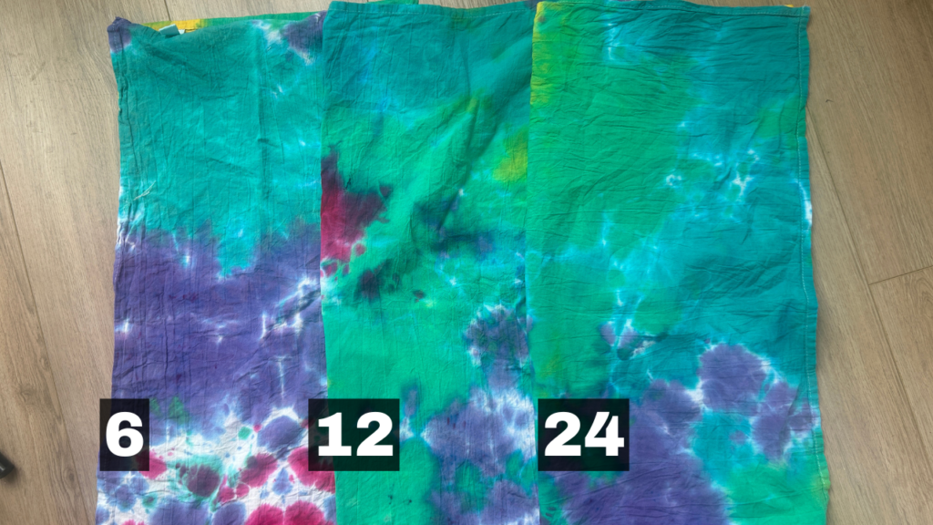 Side by side comparison of three tie dye tea towels labeled 6, 12, and 24 hours showing how liquid dye batching time affects color saturation and white space