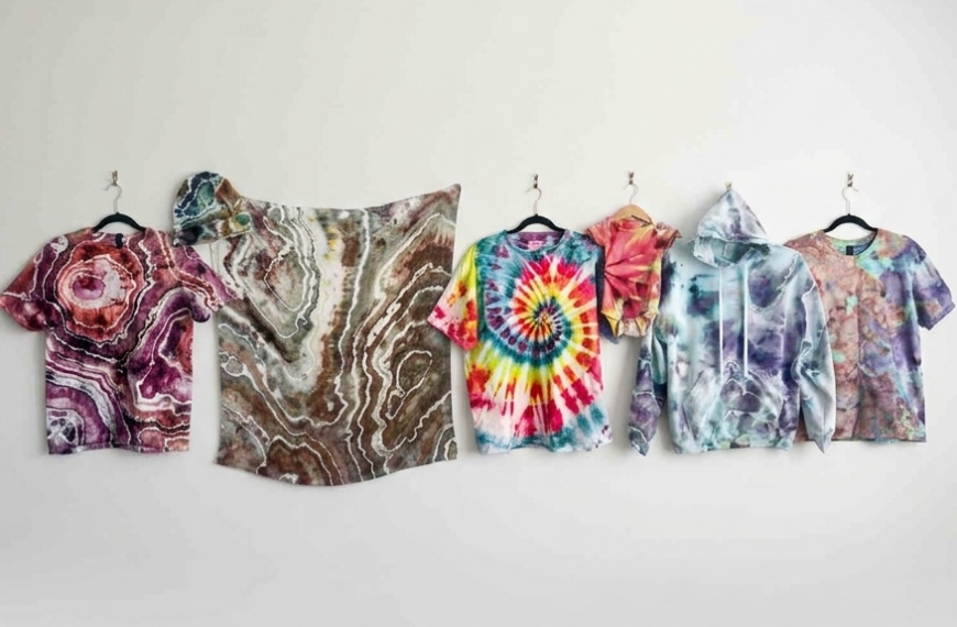 A collection of tie dyed and ice dyed pieces hung in a row against a white wall, including a geode t-shirt in pink and purple, a geode beanie and fabric panel in brown and gray, a rainbow spiral t-shirt, a pink and red onesie, a blue and purple ice dye hoodie, and a soft multicolor ice dye t-shirt