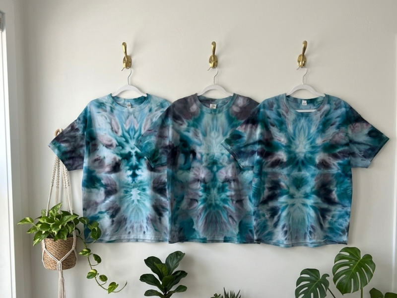 Three white t-shirts tie dyed in matching blue and teal deity roll patterns, displayed side by side for comparison