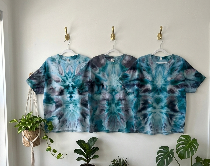 Three white t-shirts tie dyed in matching blue and teal deity roll patterns, displayed side by side for comparison