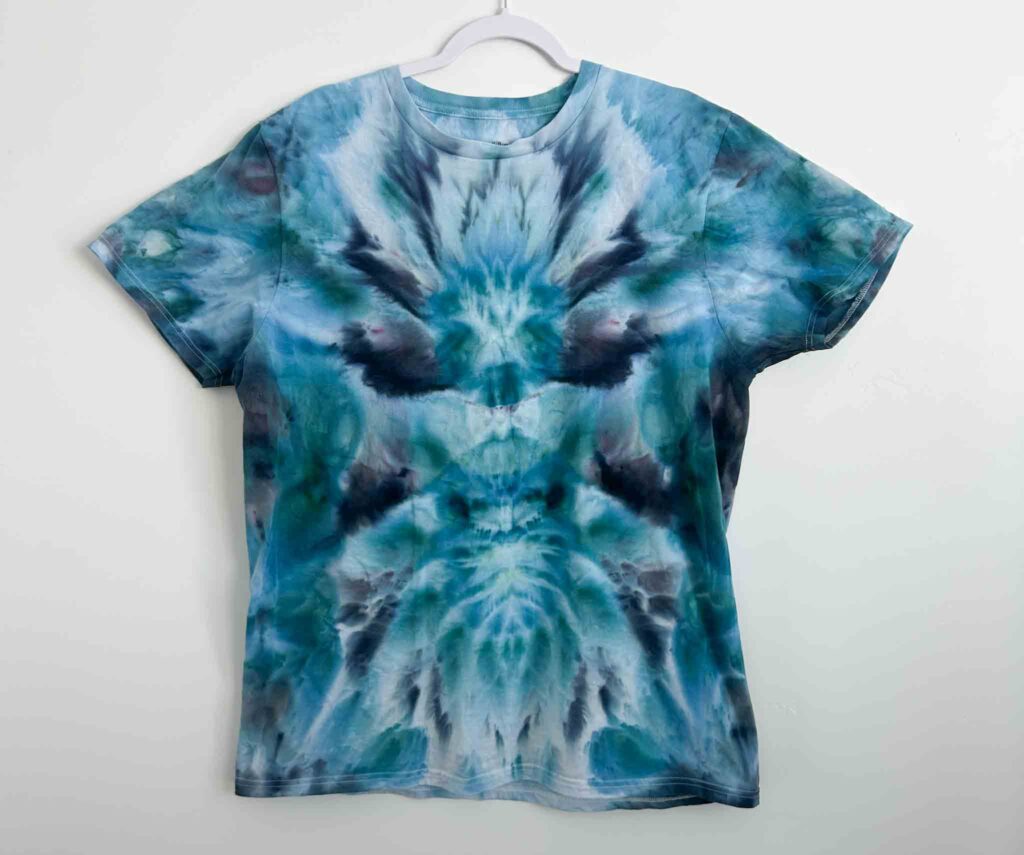Goodfellow white t-shirt from Target tie dyed in a deity roll with blue and teal dye