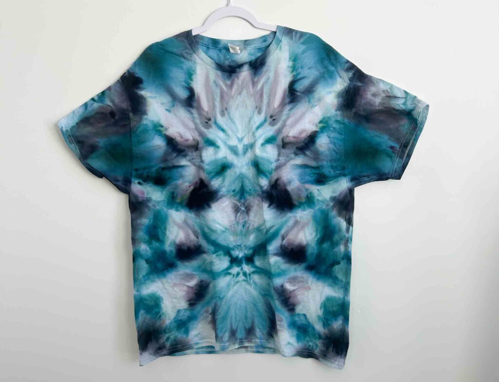 Hanes Essential-T white t-shirt tie dyed in a Kingfisher Blue deity roll fold