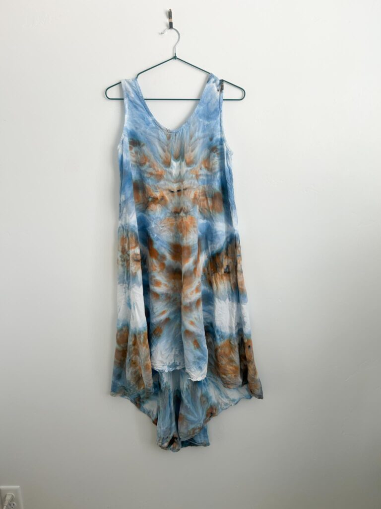 Blue Gray deity roll tie dye dress, a dark blue that splits into sandy tan, made with one color