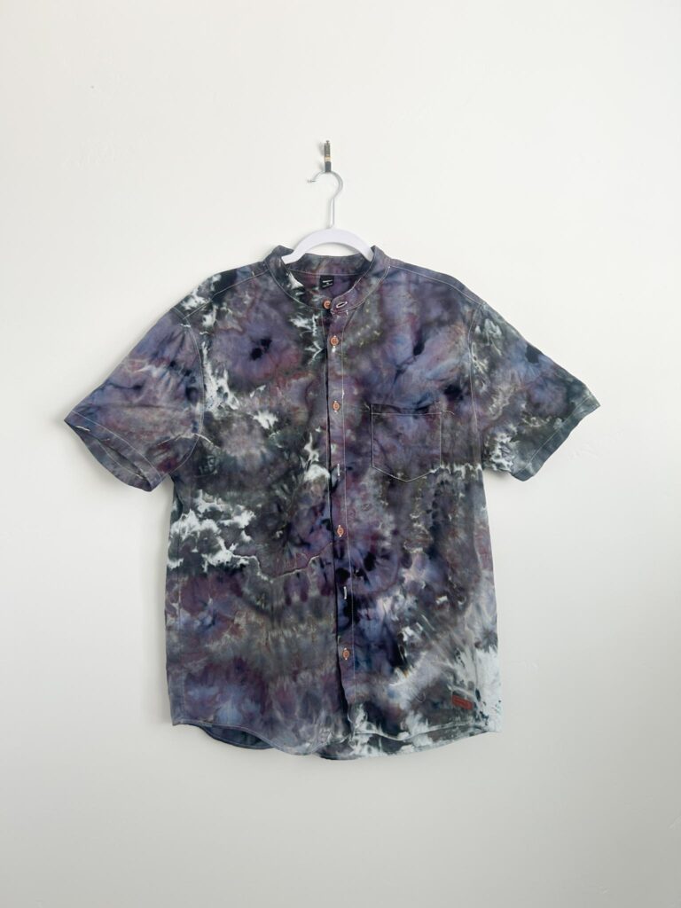 Timberwolf geode tie dye button-down shirt, one color splitting into purple, charcoal, and black