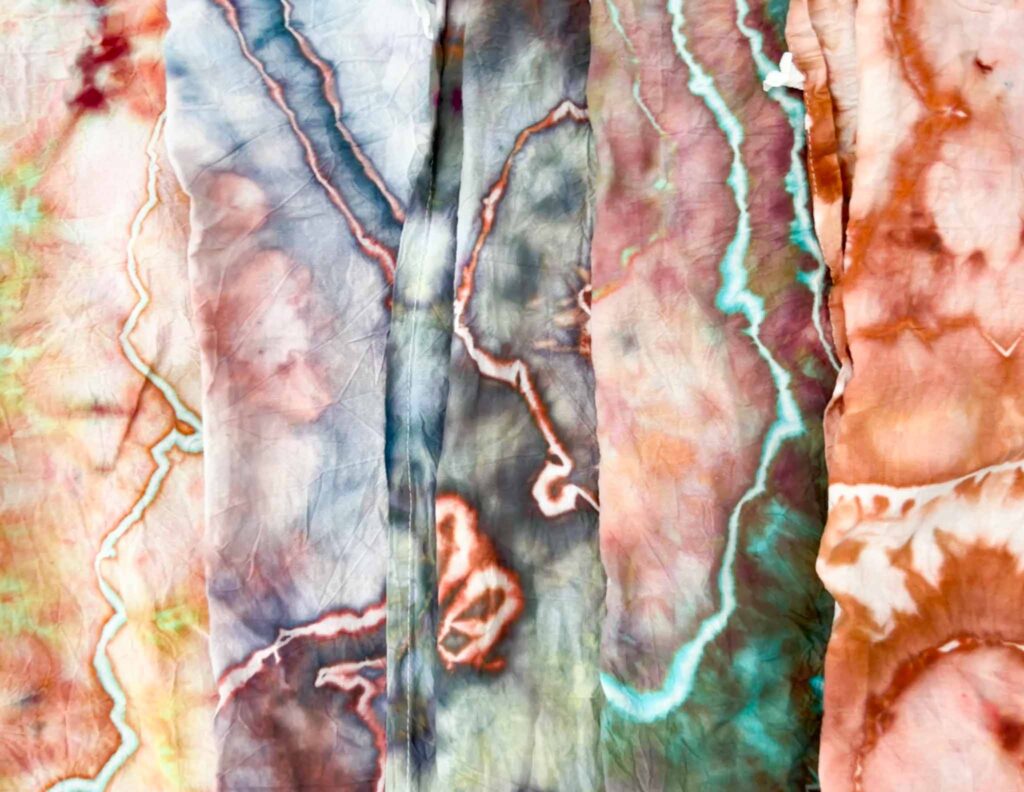 Close up detail of Dharma ice dye swatches showing sinew line color breaks