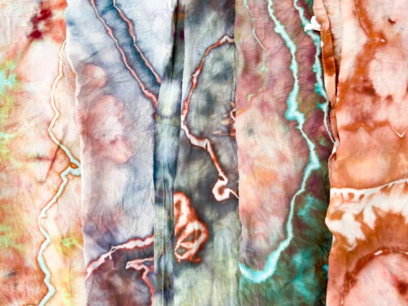 Close up detail of Dharma ice dye swatches showing sinew line color breaks