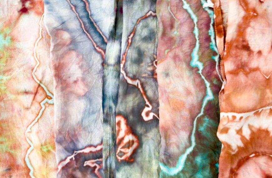Close up detail of Dharma ice dye swatches showing sinew line color breaks
