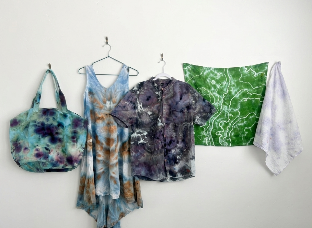 An image of 5 projects that were all tie dyed with only one color