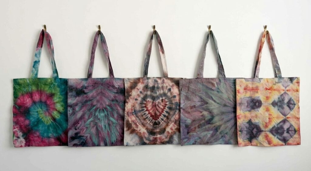 5 tie dye tote bags lined up. Beginner friendly fold ideas