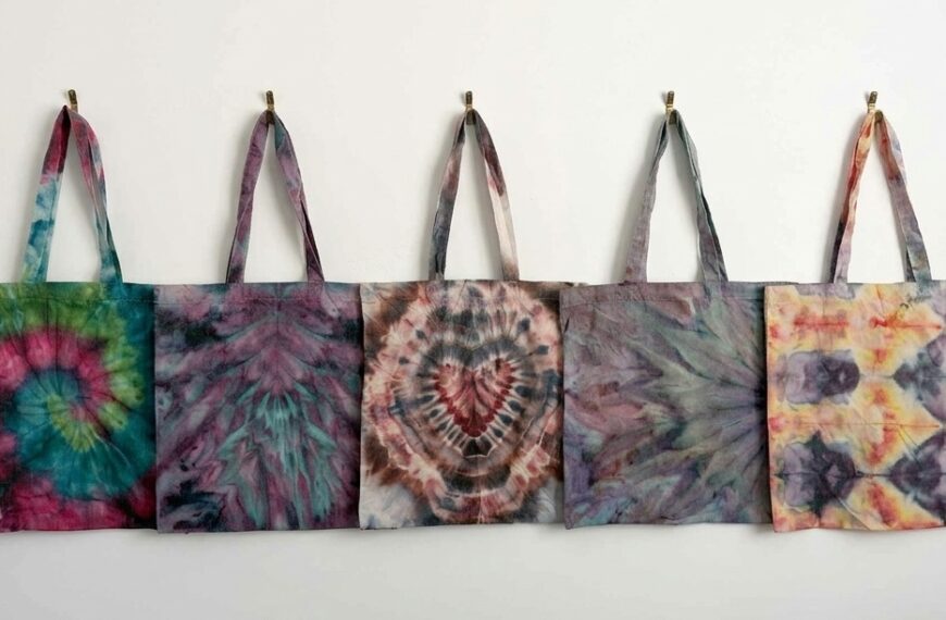 5 tie dye tote bags lined up. Beginner friendly fold ideas