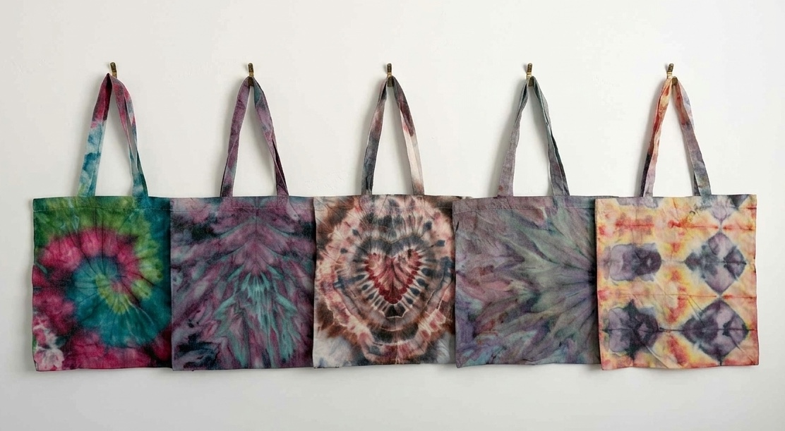 5 tie dye tote bags lined up. Beginner friendly fold ideas