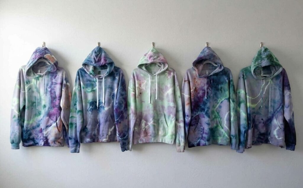all 5 hoodies lined up