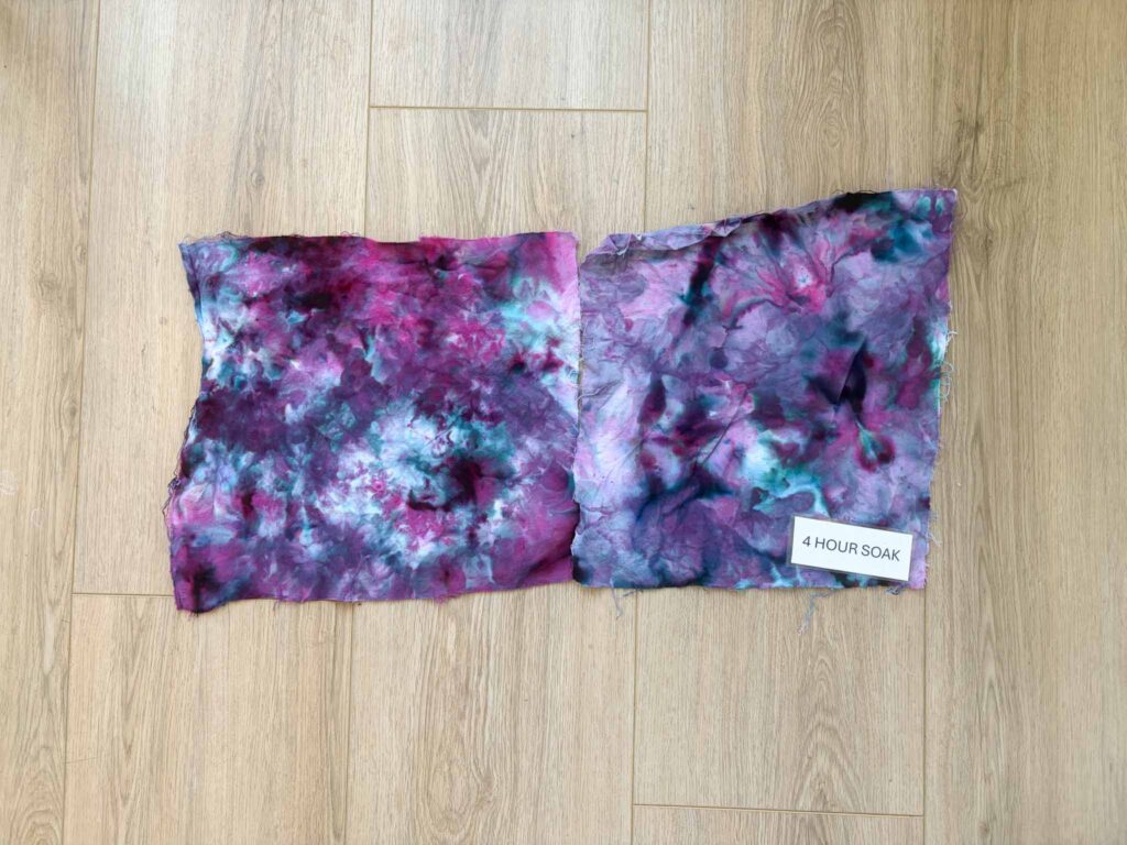 Close up of two tie dye fabric pieces from the 4 hour soda ash soak test showing rich purple and teal color