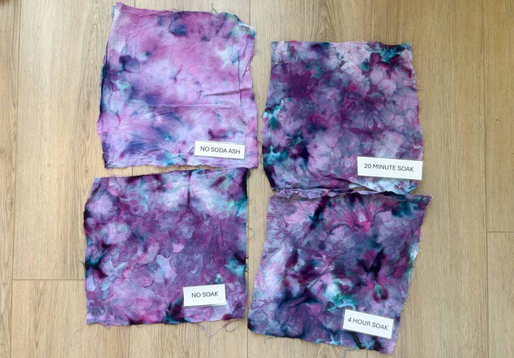 Tie dye soak time experiment comparing no soda ash, no soak, 20 minute soak, and 4 hour soak results in purple and teal