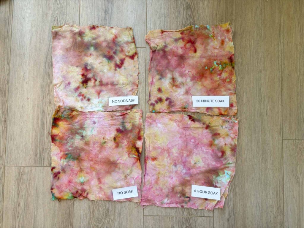Tie dye soak time experiment comparing no soda ash, no soak, 20 minute soak, and 4 hour soak results in red and orange