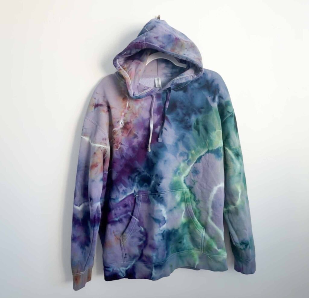 Independent Trading blank hoodie dyed with a purple, blue, and green geode pattern
