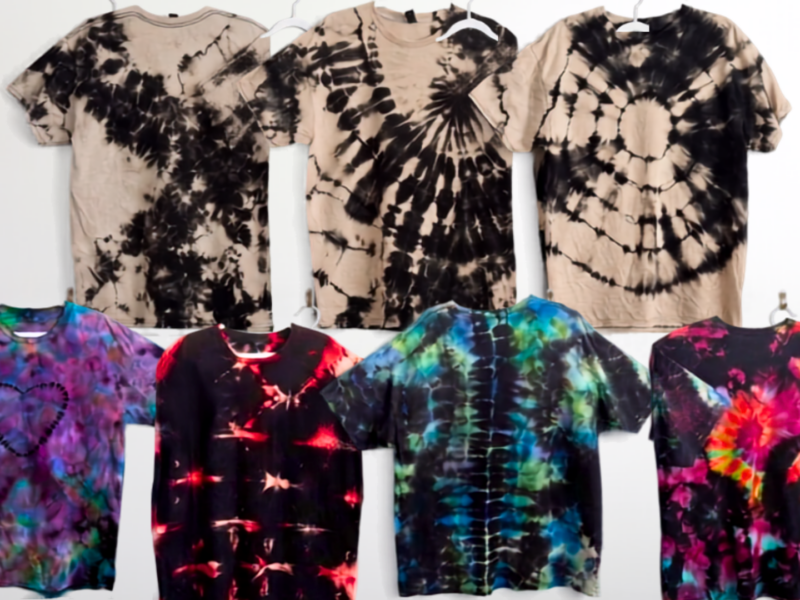 Seven reverse tie dye patterns showing crumple, spiral, bullseye, heart, shibori, spine, and geode folds