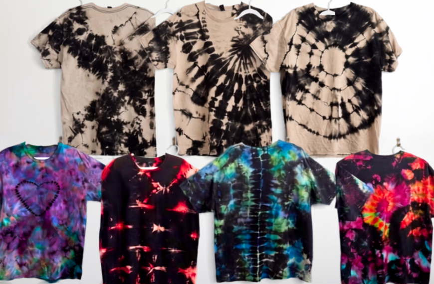 Seven reverse tie dye patterns showing crumple, spiral, bullseye, heart, shibori, spine, and geode folds