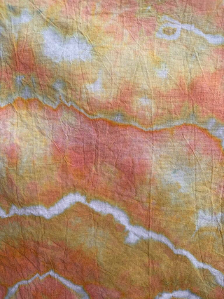 Close-up of Honeybee ice dye showing salmon pink splitting into golden yellow and olive green at the sinew lines