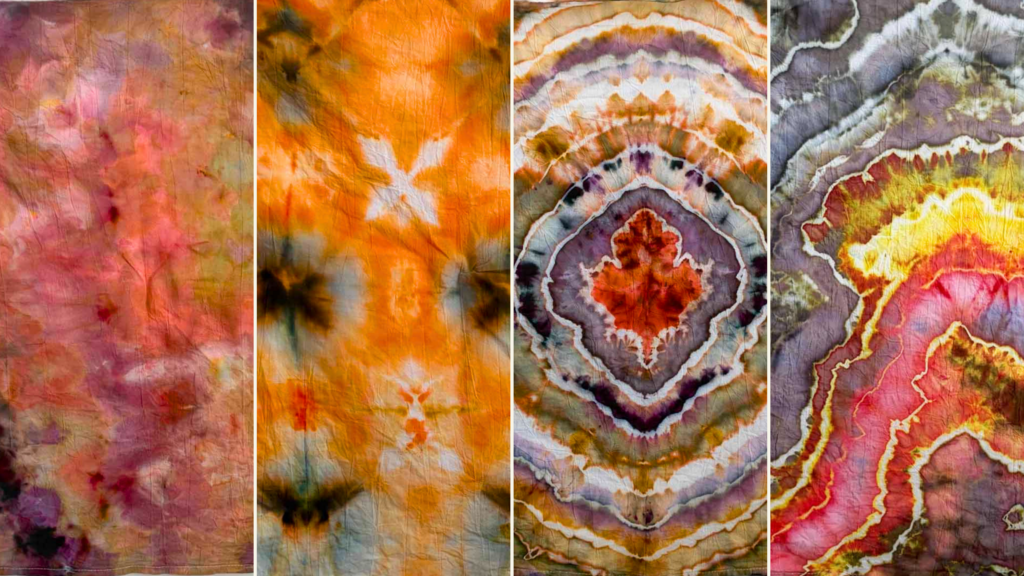 Four fall tie dye colorways side by side featuring chino, terracotta, black cherry, timberwolf, pagoda red, and amber waves